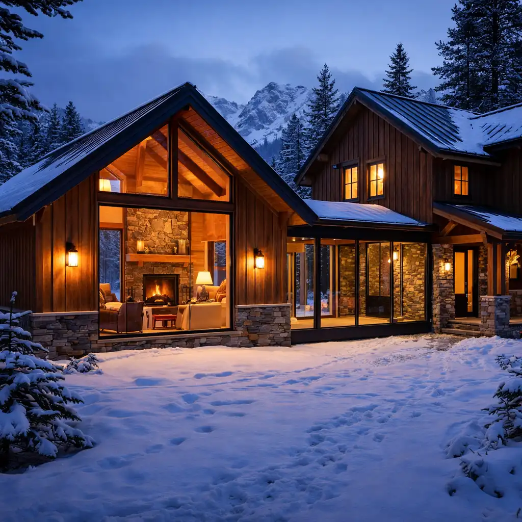 Modern mountain-style ADU with steep metal roof and wood siding glowing warmly at twilight, surrounded by snow-covered ground, tall pine trees, and dramatic Colorado mountain peaks in the background.